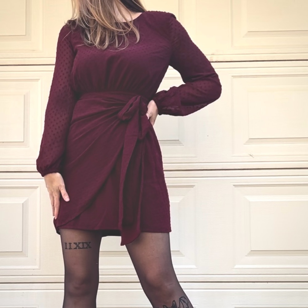 Dark Cottagecore Maroon Sheer polka dot texture Long Sleeve Wrap Dress M